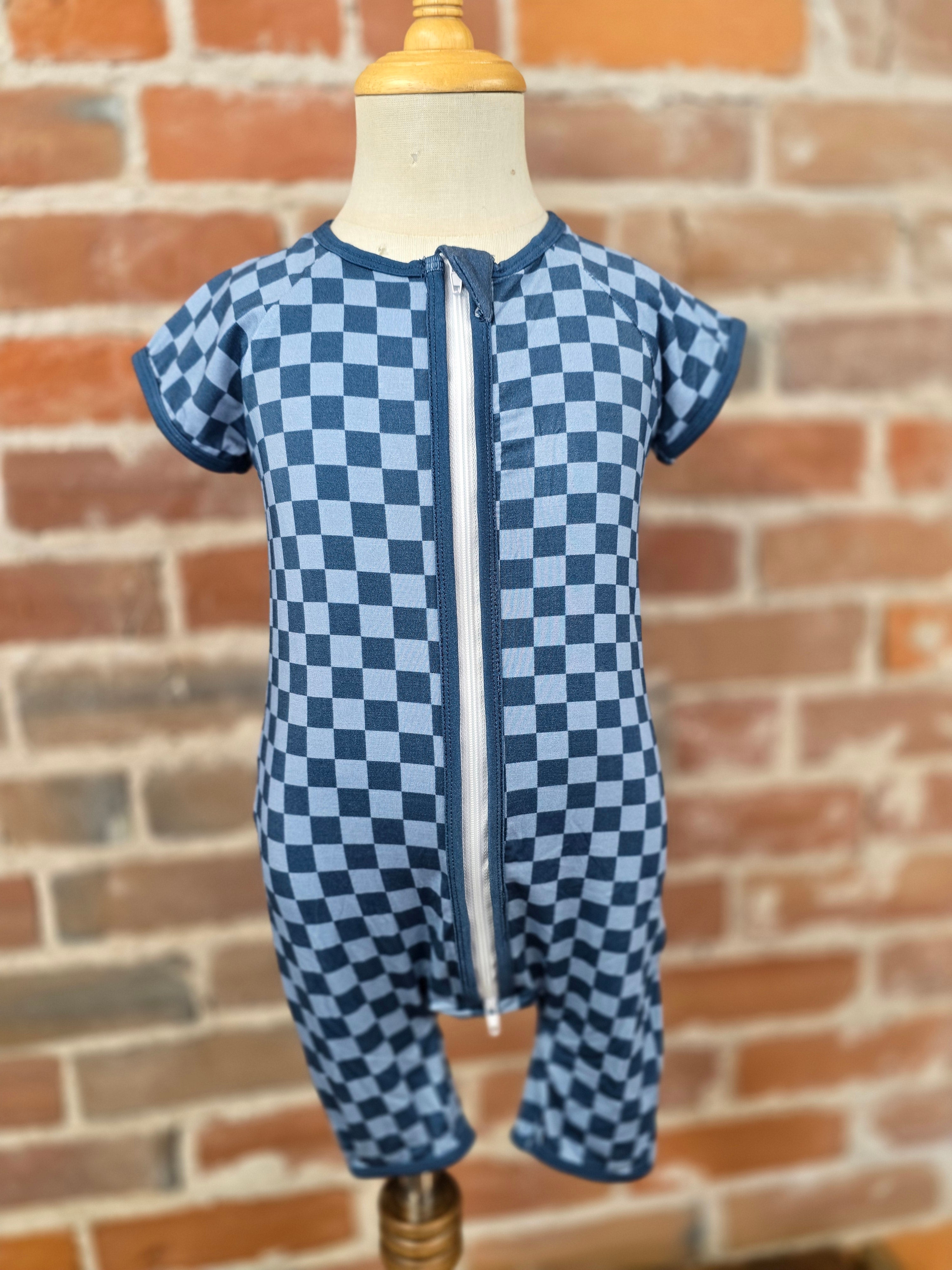 Blue Checkers Bamboo Zip Romper - Handcrafted Comfort