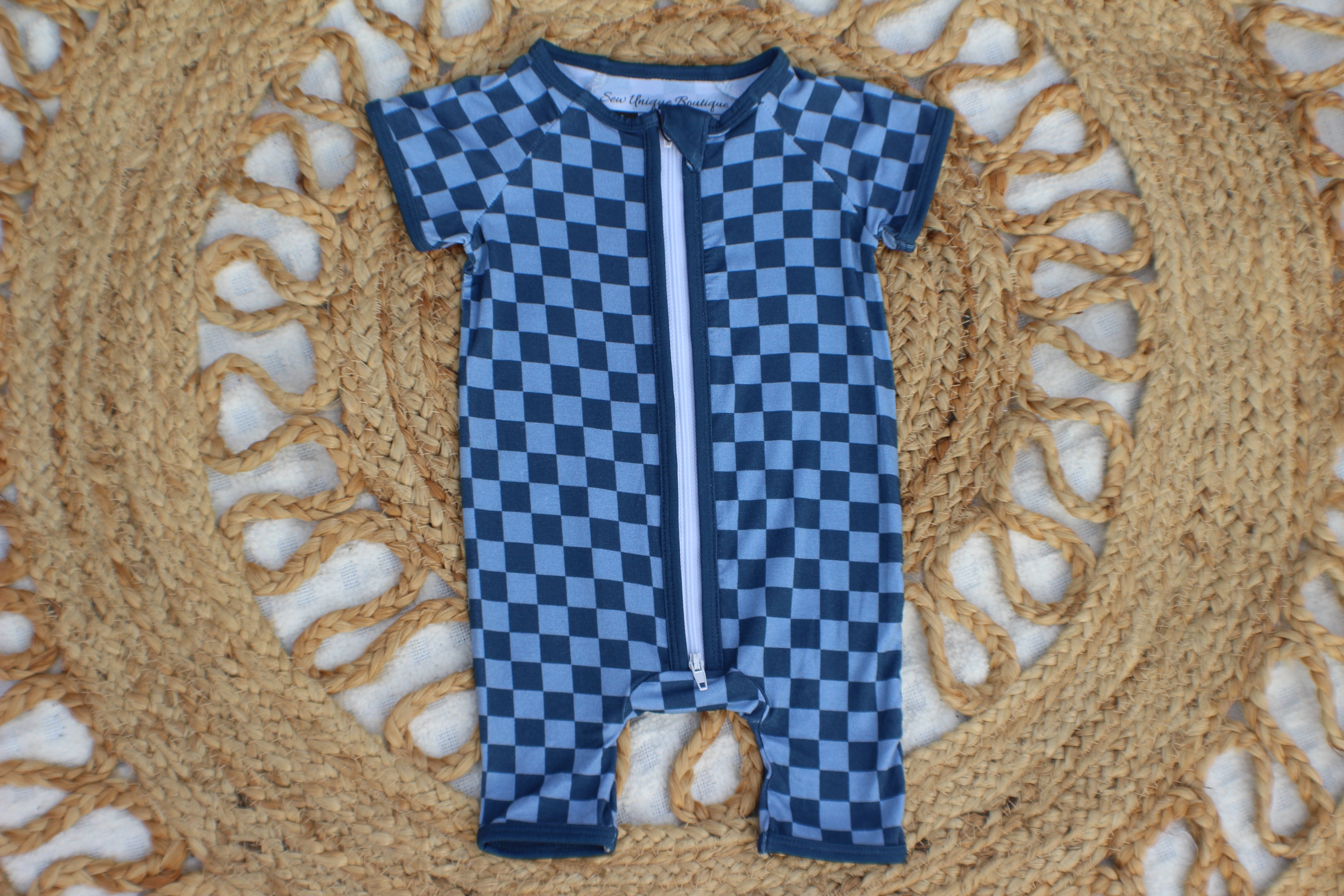 Blue Checkered Kids Bamboo Zip Romper