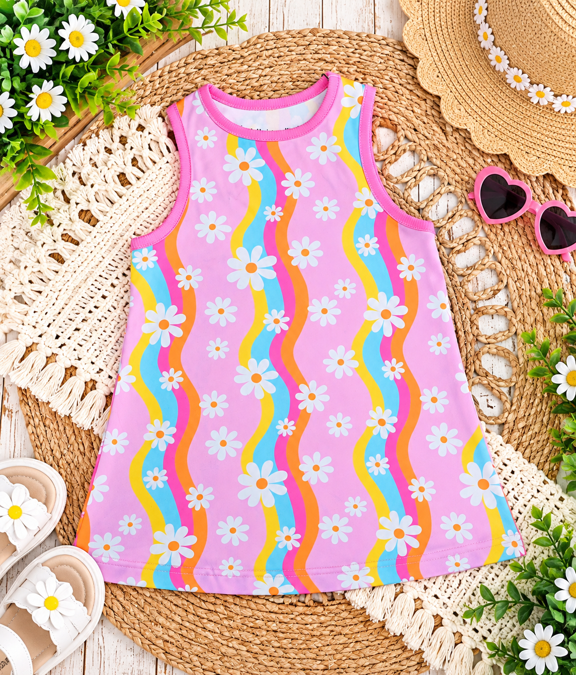 a pink dress with flowers on it and sunglasses and a straw hat