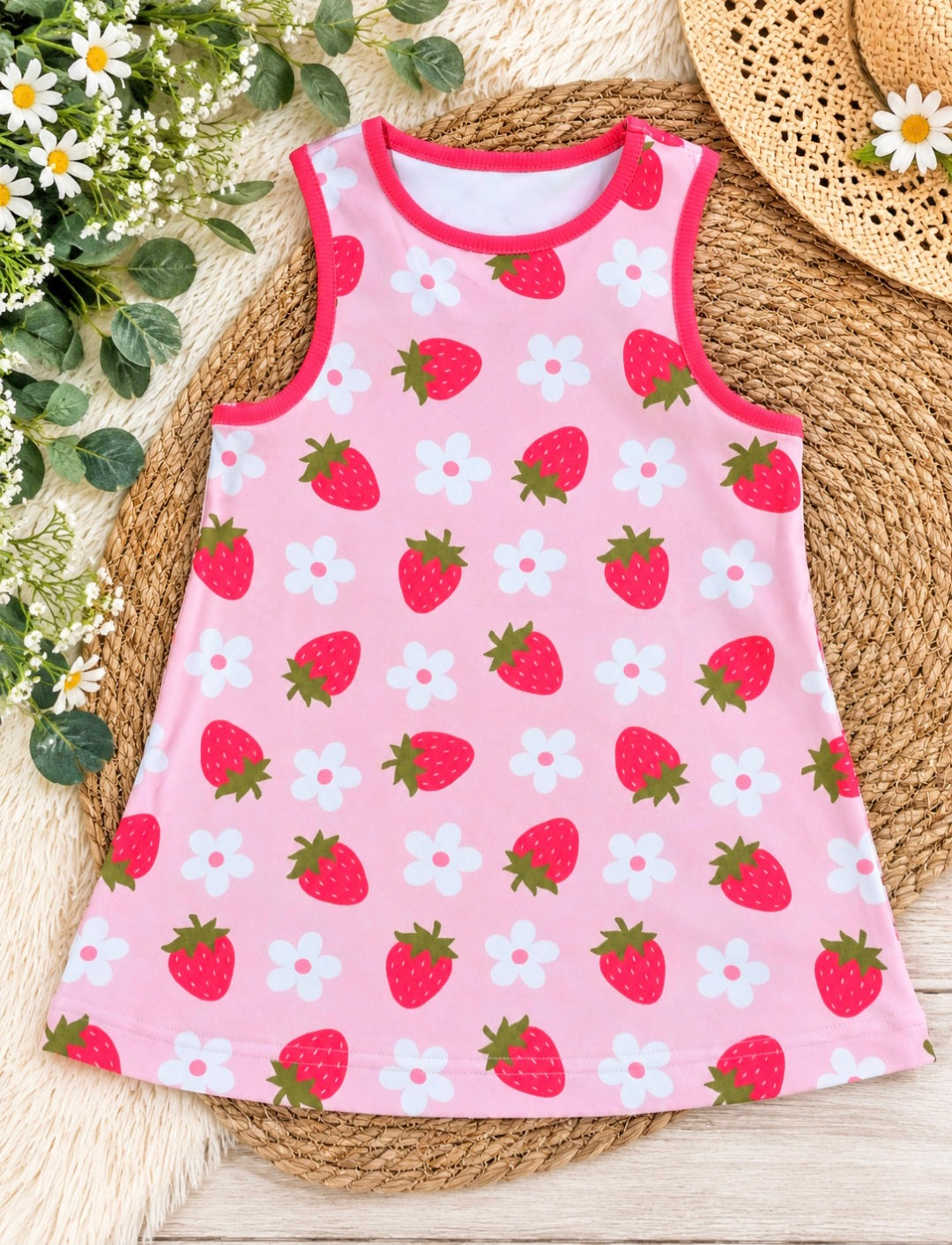 a pink dress with strawberries on it