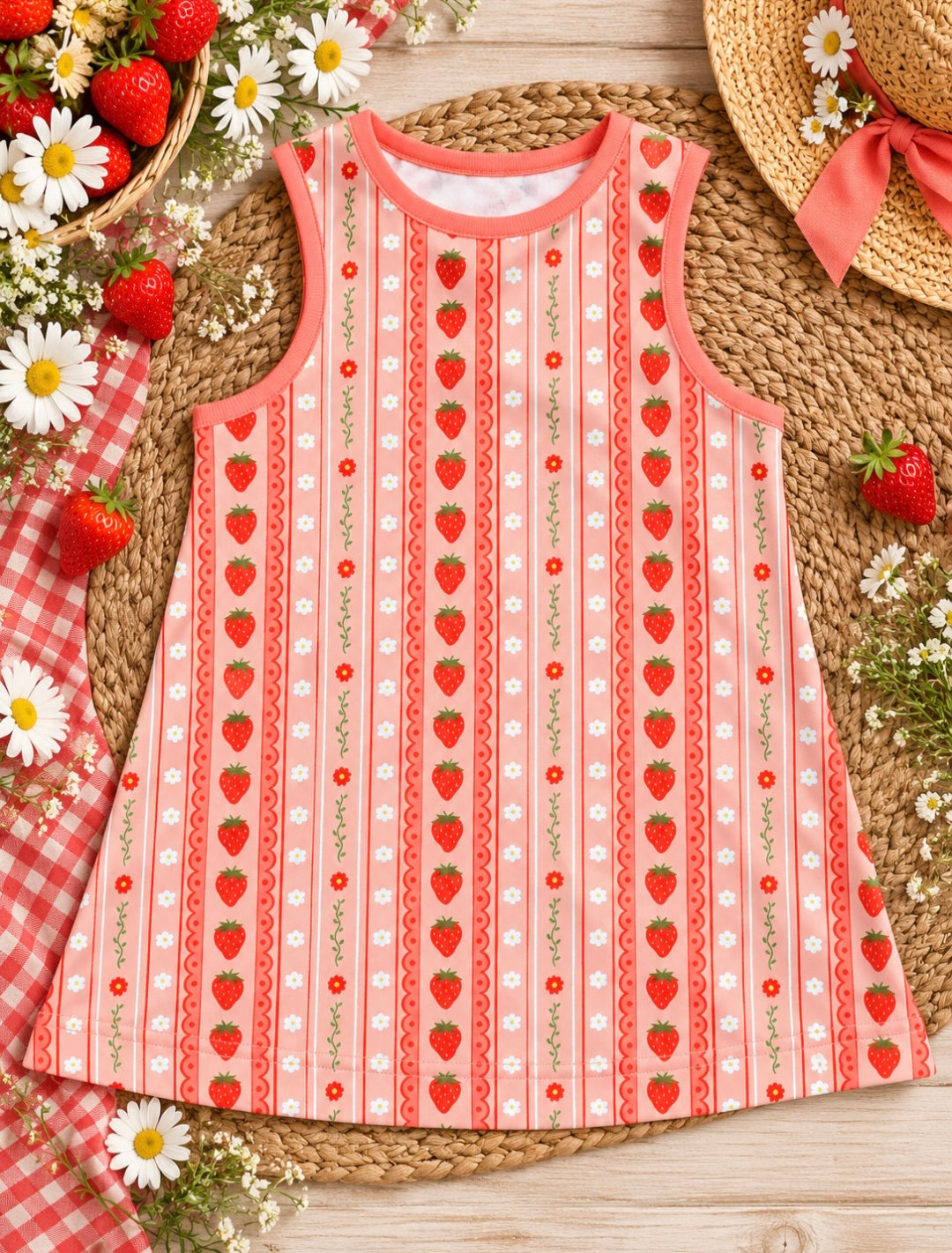 a pink dress with strawberries and flowers