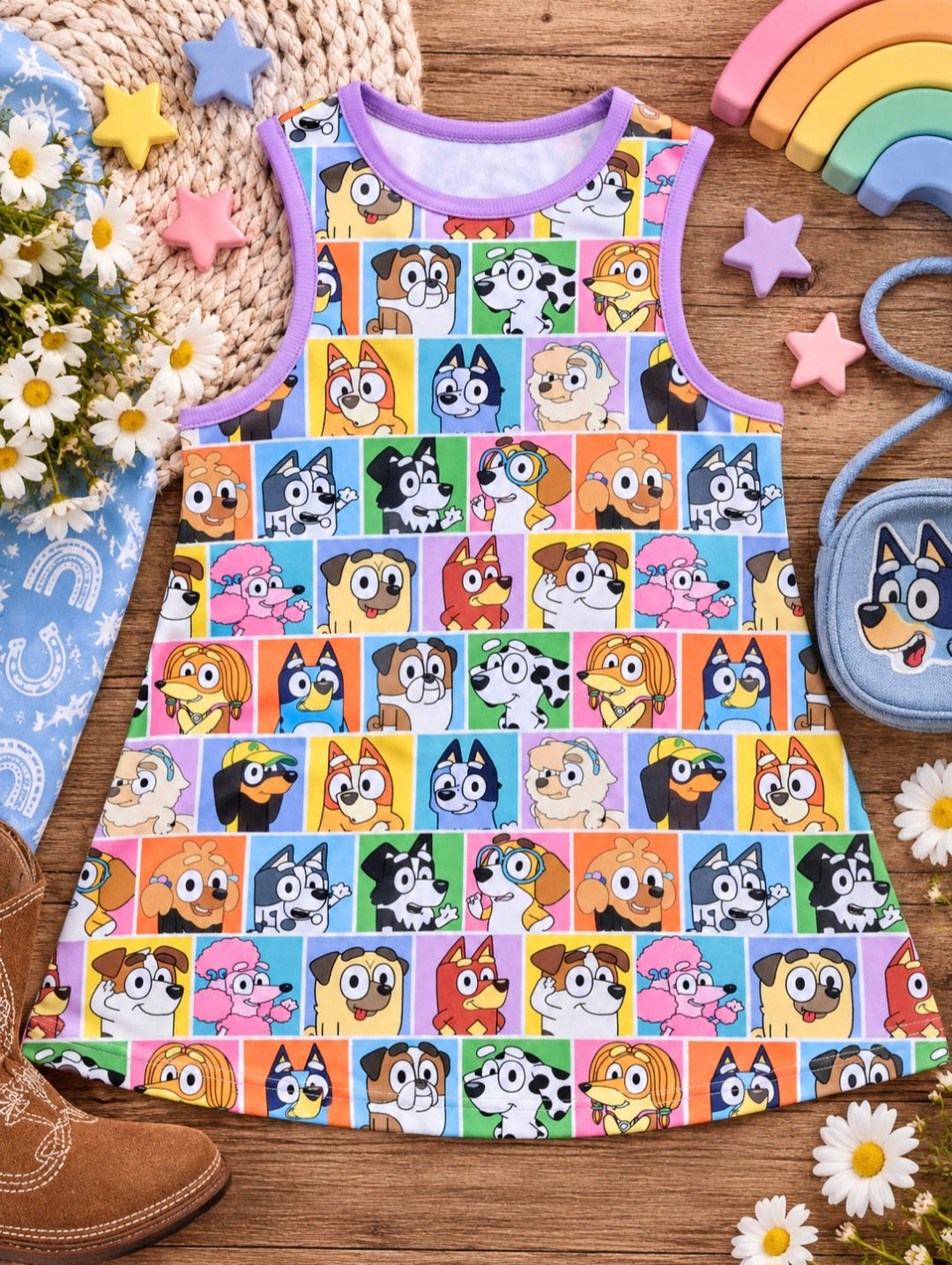 a colorful tank top with cartoon dogs on it
