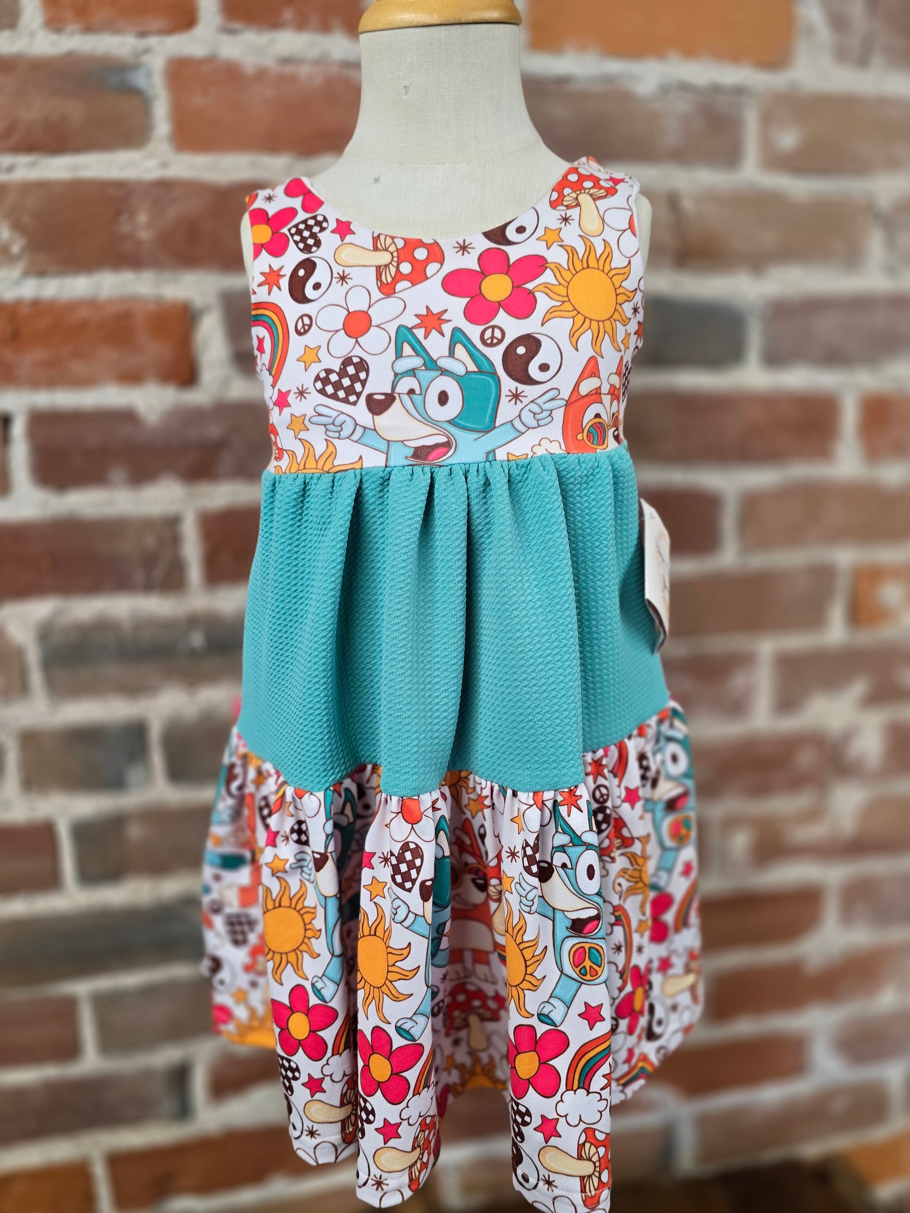 SunnyStitch Kids Dress - Handcrafted Hippie Blue Tiered Style