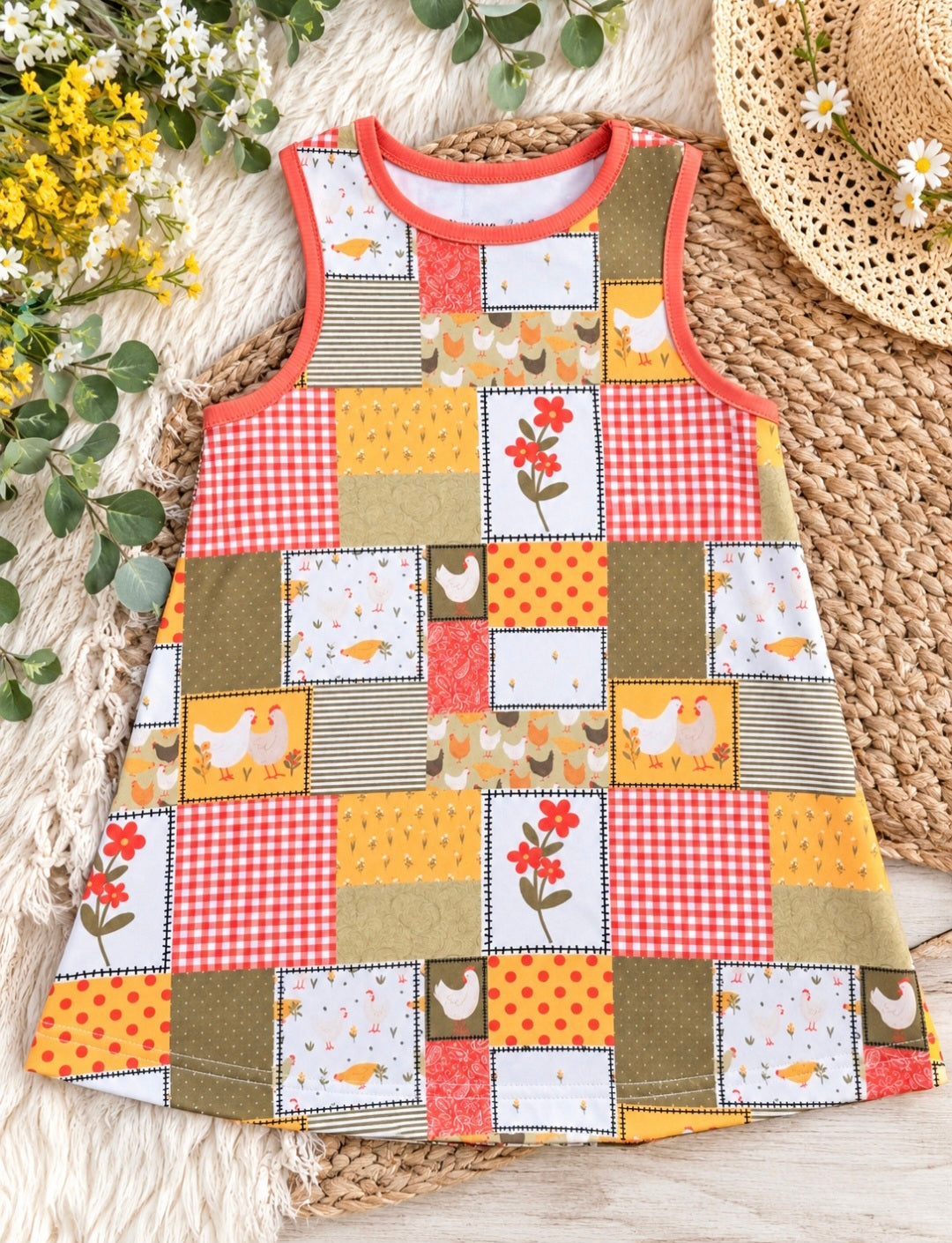 a dress with chicken and flowers