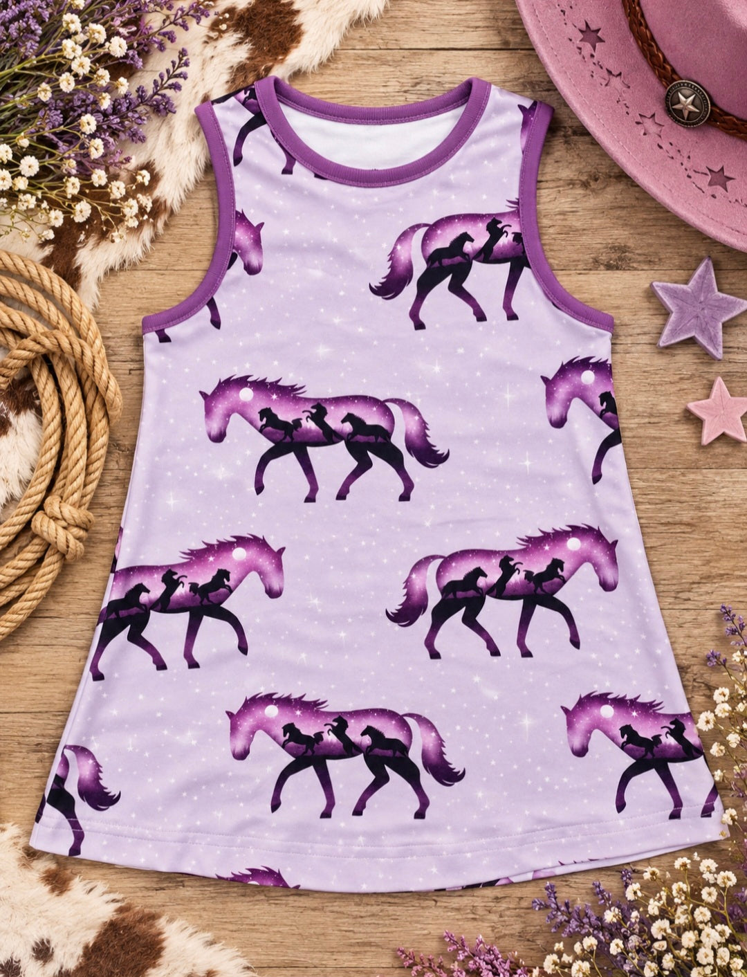 a purple dress with horses on it
