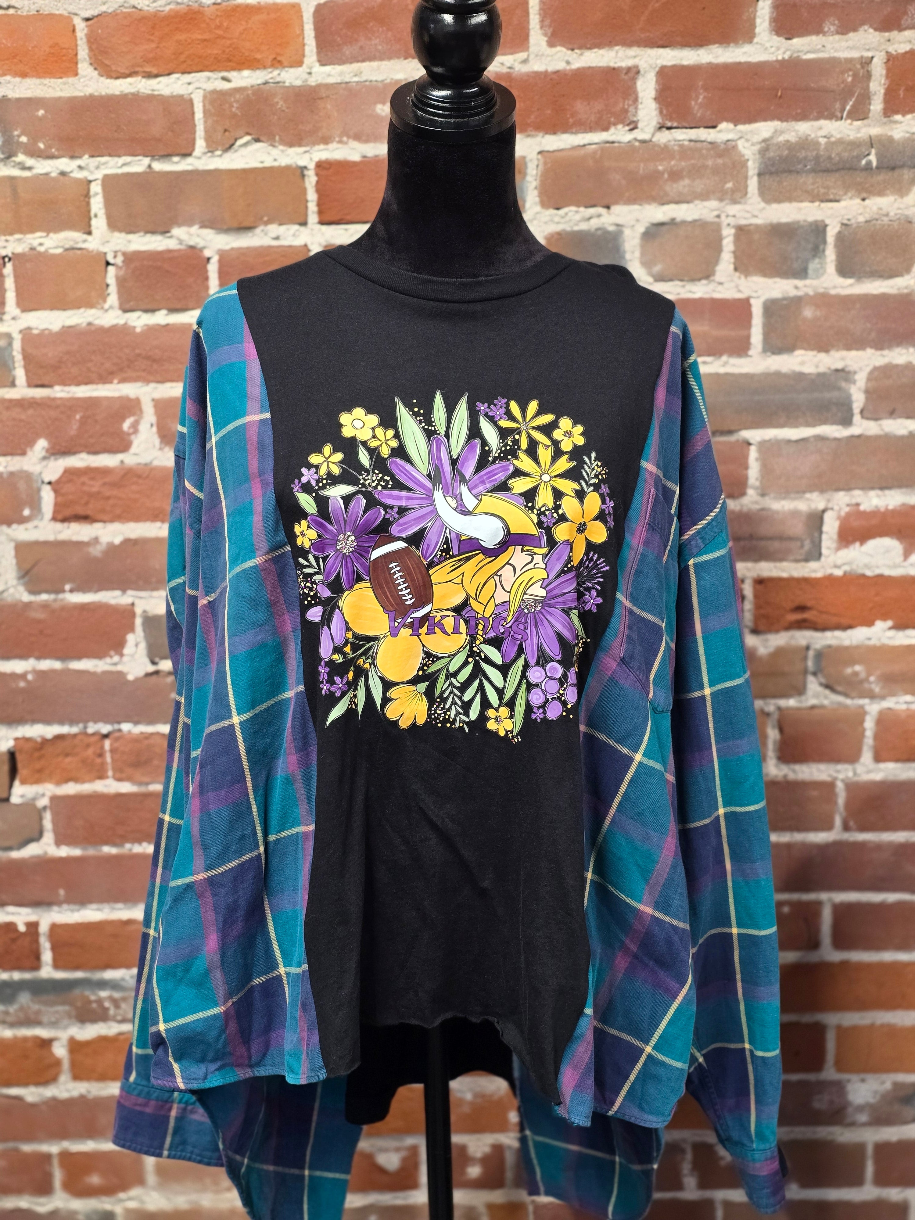 Vikings Upcycled Flannel Shirt – Handcrafted One-of-a-Kind