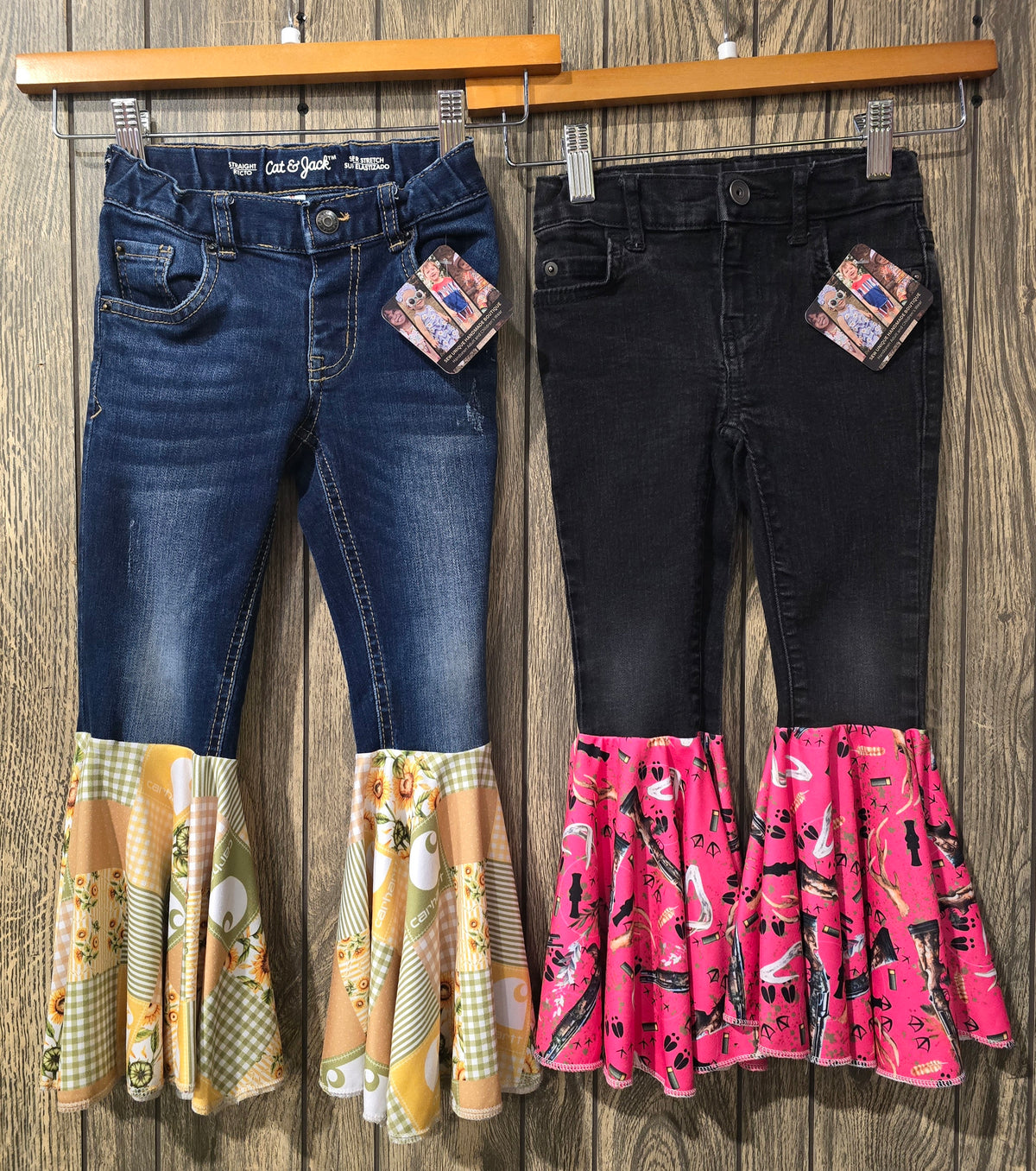 pair of jeans with ruffles on a rack