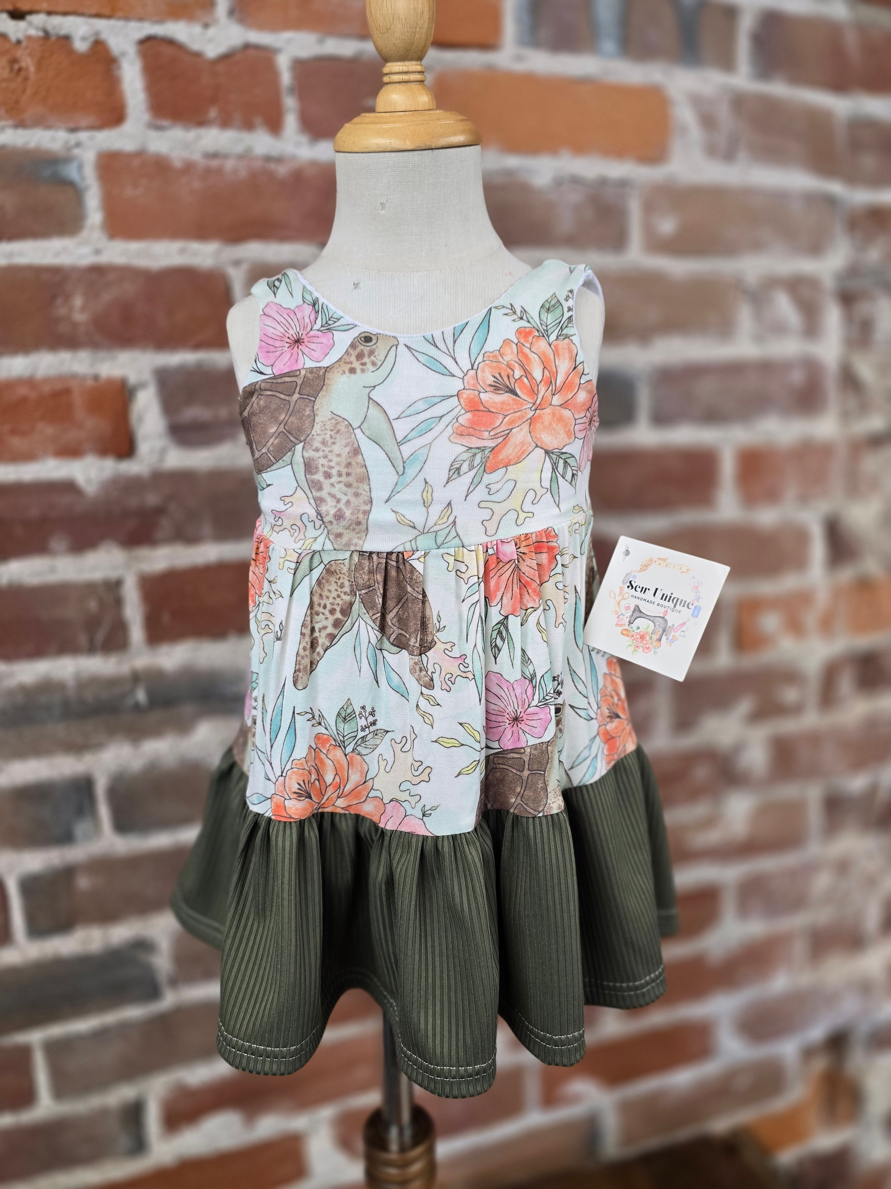 Seaside Turtle Unique Girls Dress - Handcrafted Sea Turtle Print